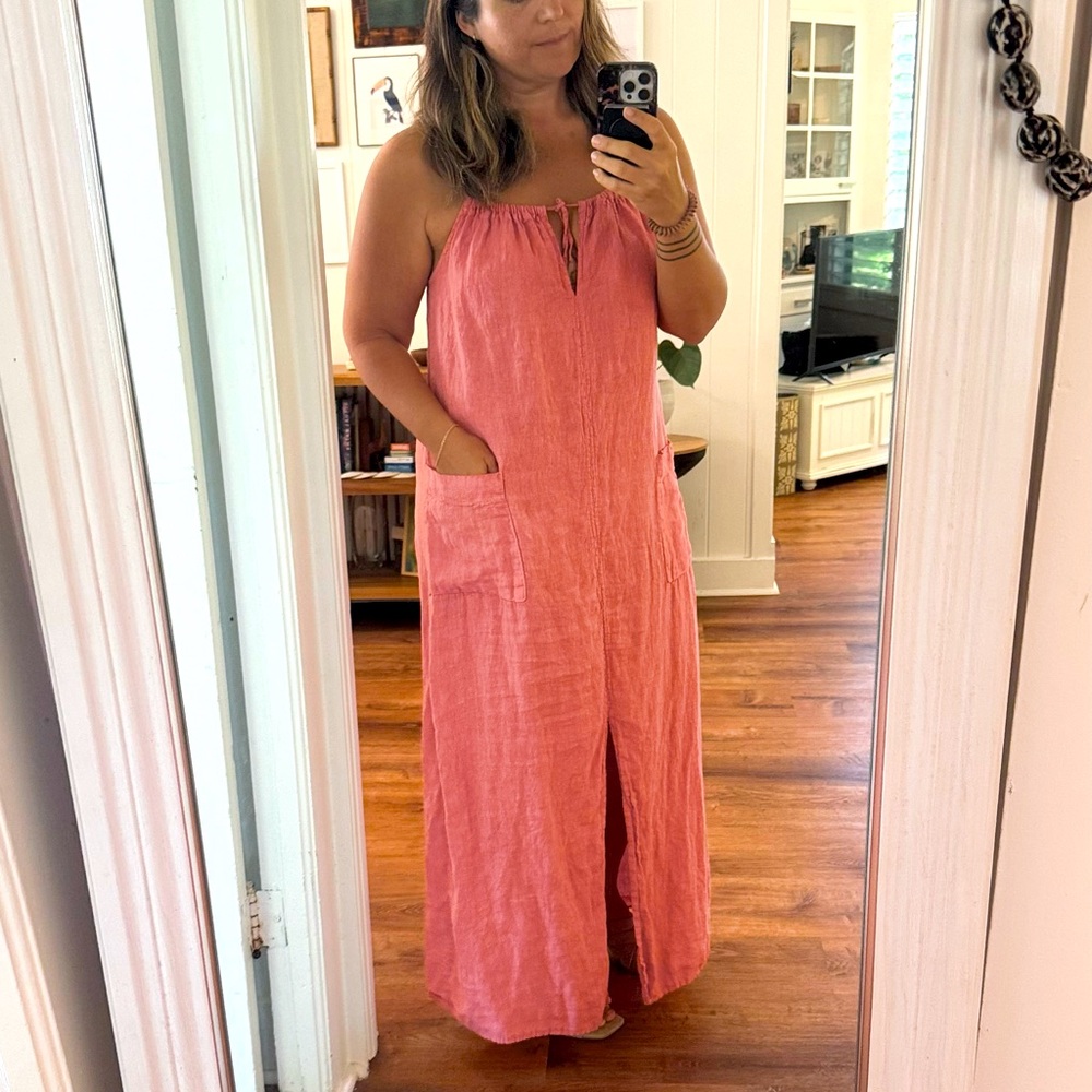 Long 100% Italian Linen Dress with Pockets pink/salmon Adjustable